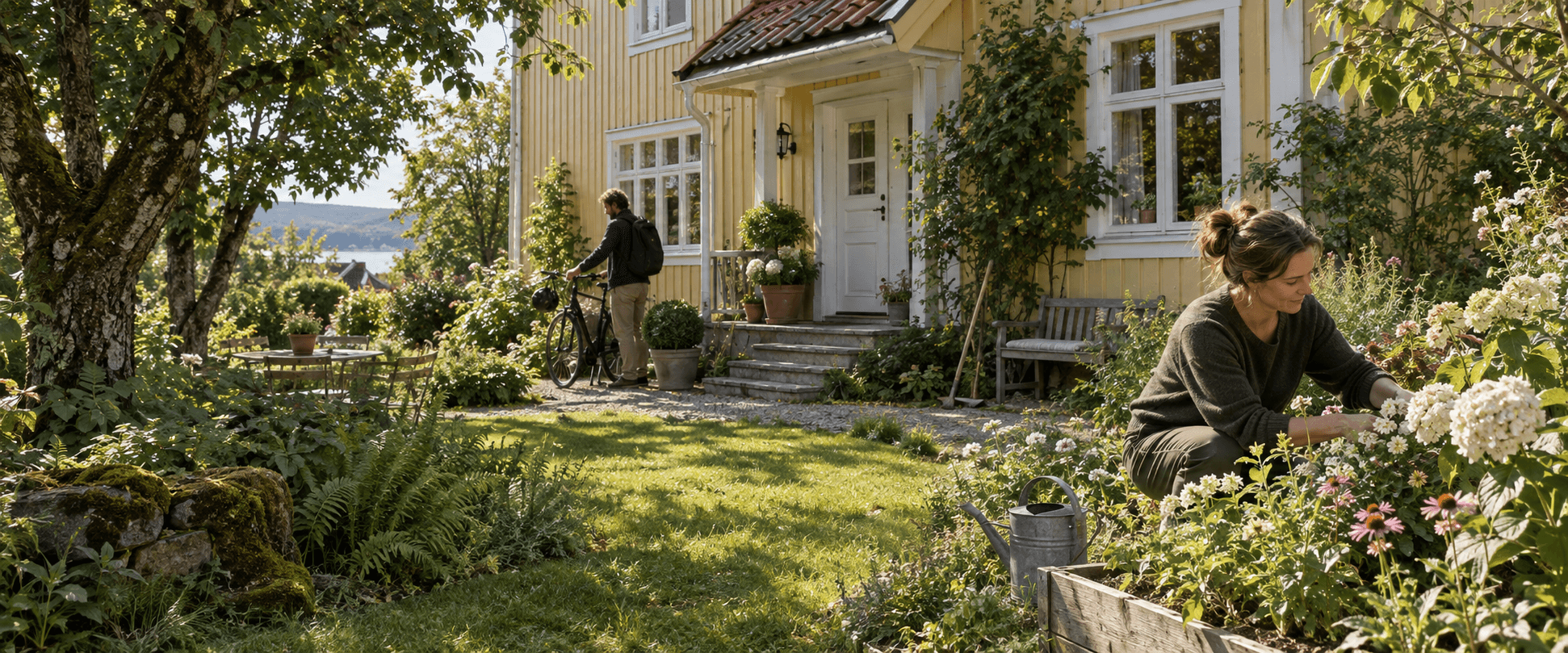 Illustrasjon av hverdagsliv i hagen utenfor et norsk trehus
