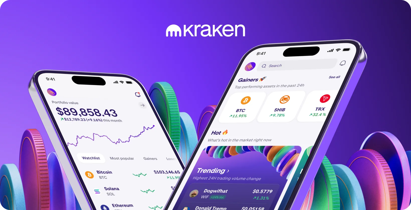 Offisielt pressebilde av Kraken-appen med portefølje og kryptomarkeder