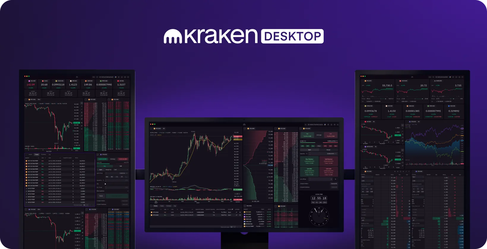 Offisielt pressebilde av Kraken Desktop med flere grafer og handelsvinduer